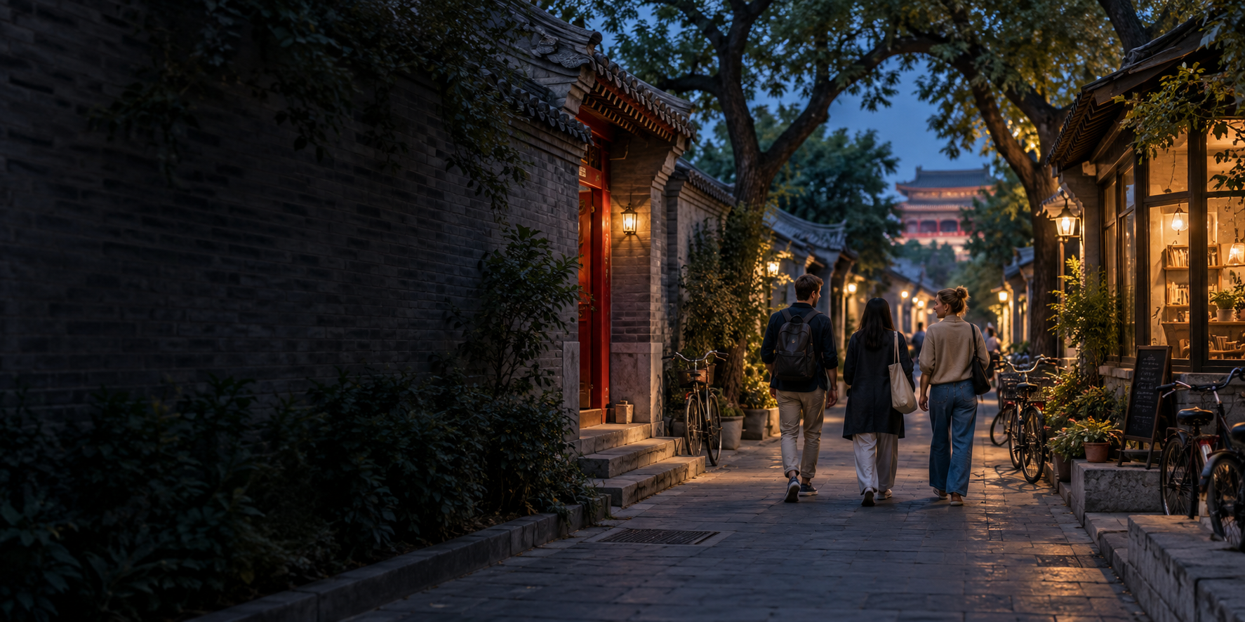 Illustrative scene of an evening stroll in a Beijing hutong