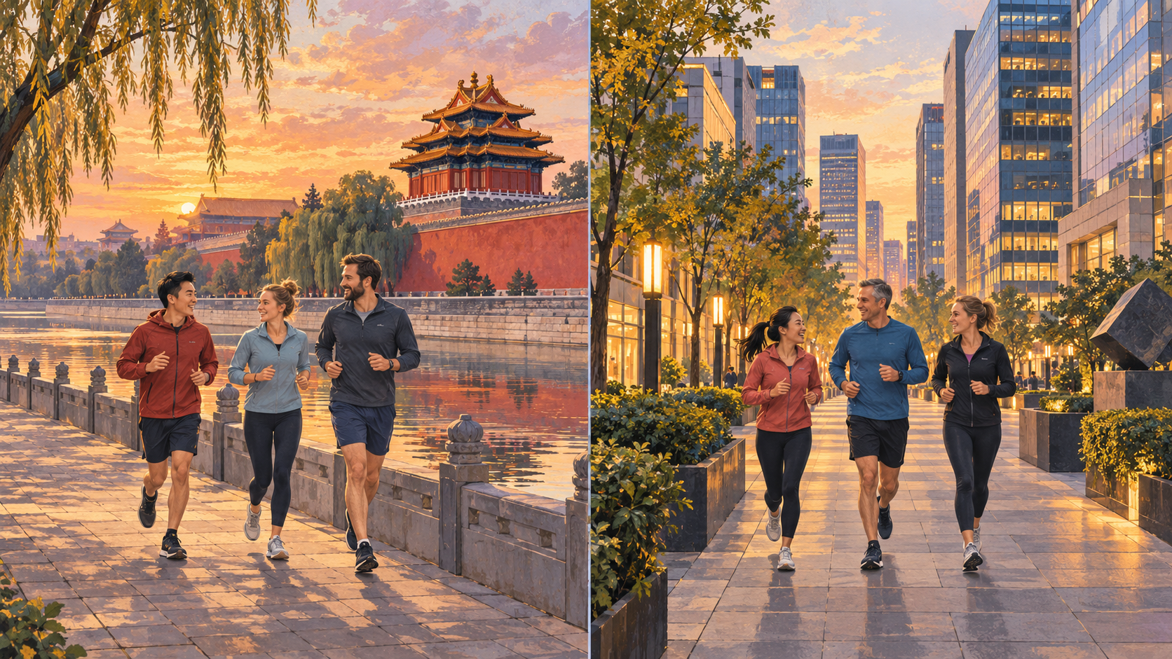 Illustration of easy jogging near the Forbidden City outer walls and Financial Street